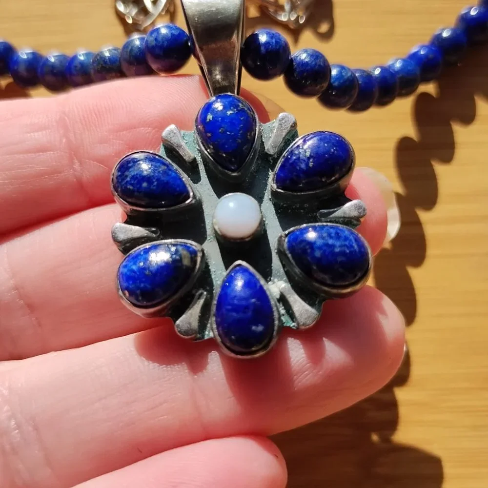 Jay King DTR mine finds Lapis necklace Lapis Agate flower pendant 925 Sterling S - Picture 7 of 8